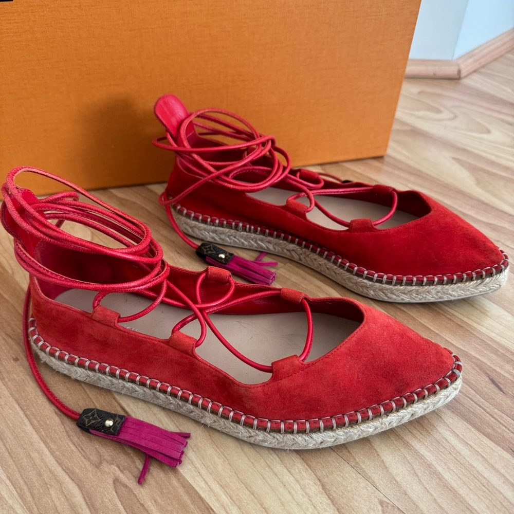 Louis Vuitton Red Suede Lace Up Espadrille Flats - Picture 6 of 14